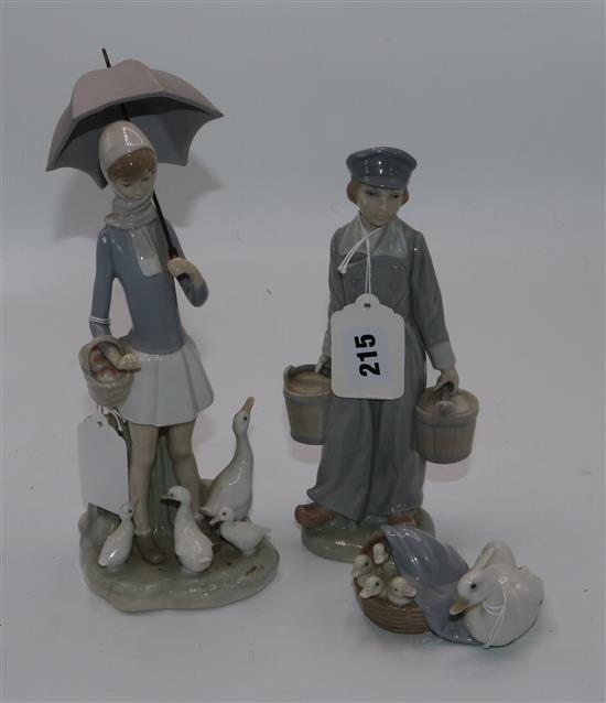 Lladro figure of a boy water carrier, girl with ducks & small 3 duck group
